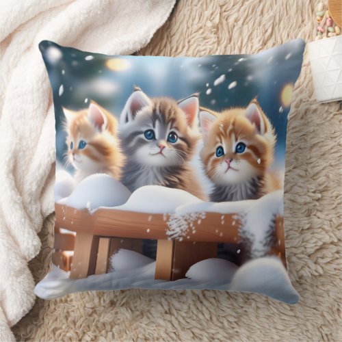 Three Tabby Cats Playing in the Winter Snow  Throw Pillow