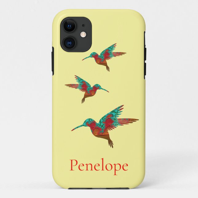 Three Teal and Red Fractal Hummingbirds with Name Case-Mate iPhone Case (Back)