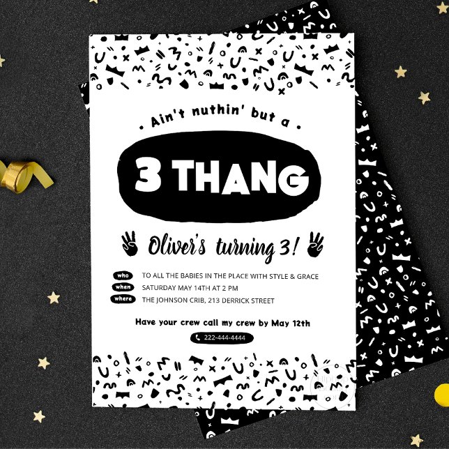 Three Thang, 90s Hip Hop Birthday Party Invitation Postcard (Creator Uploaded)