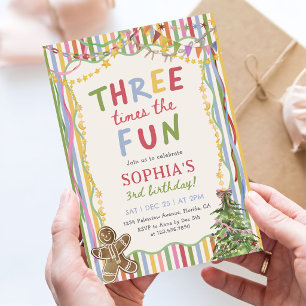 Three Times the Fun Christmas Colorful Birthday Invitation