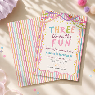 Three Times The Fun Colorful 3rd Birthday Invitation