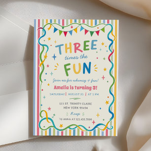 Three Times The Fun Colorful 3rd Birthday Invitation