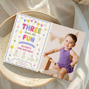 Three Times The Fun Colorful 3rd Birthday Photo Invitation