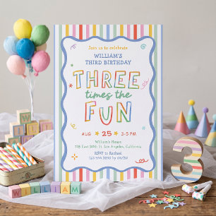 Three Times The Fun Colorful Birthday Invitation