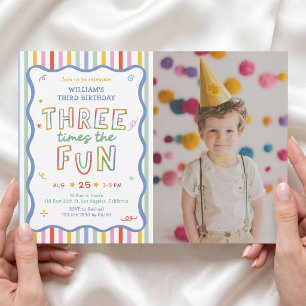 Three Times The Fun Colorful Birthday Invitation
