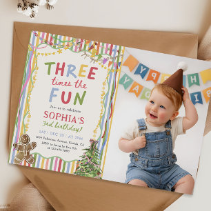 Three Times the Fun Colorful Birthday Photo Invitation