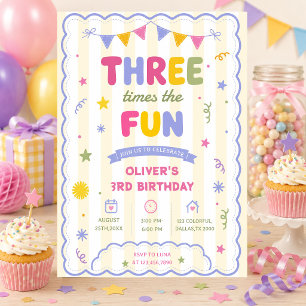 Three Times The Fun Colorful Boy 3rd Birthday Invitation
