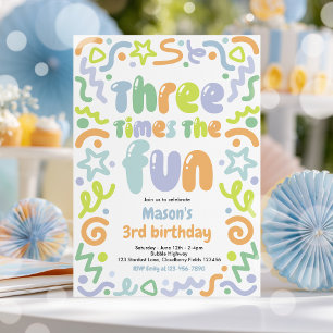 Three Times The Fun Confetti Balloon 3rd Birthday Invitation