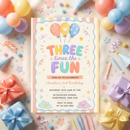 Three Times The Fun Confetti Balloon 3rd Birthday Invitation