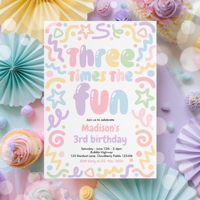 Three Times The Fun Confetti Balloon 3rd Birthday  Invitation (Creator Uploaded)