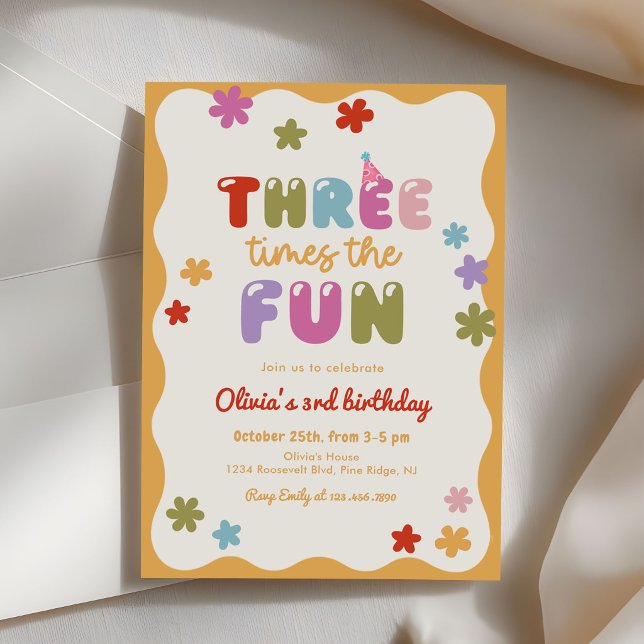 Three Times The Fun Daisy Colorful 3rd Birthday Invitation (Creator Uploaded)