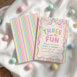 Three Times the Fun Girl Birthday Invitation