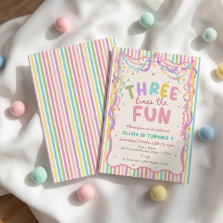 Three Times the Fun Girl Birthday Invitation