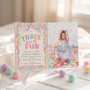 Three Times the Fun Girl Birthday Invitation