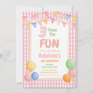 Three Times the Fun Pink Birthday Invitation