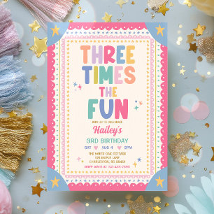 Three Times The Fun Whimsical Girl 3rd Birthday Invitation