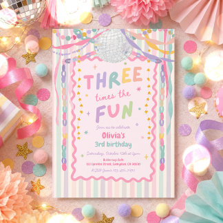 Three Times The Fun Whimsical Girl 3rd Birthday Invitation