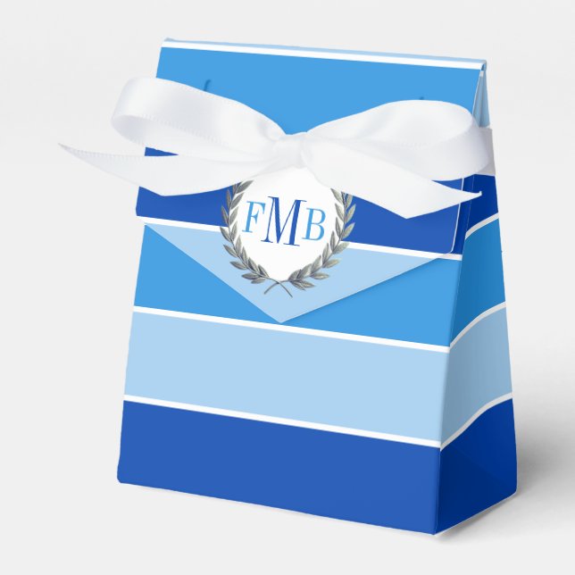 Three tone blue stripes and initials wedding favor boxes (Front Side)