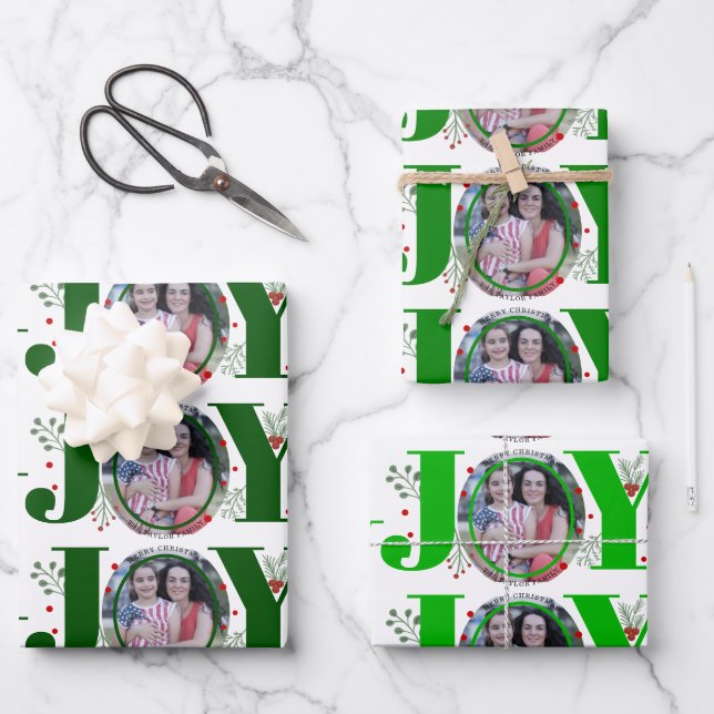 Three tone green Joy Christmas holiday photo Wrapping Paper Sheets (Front)