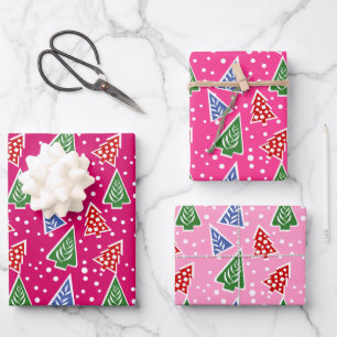 Three tone pink Christmas trees holiday Wrapping Paper Sheets