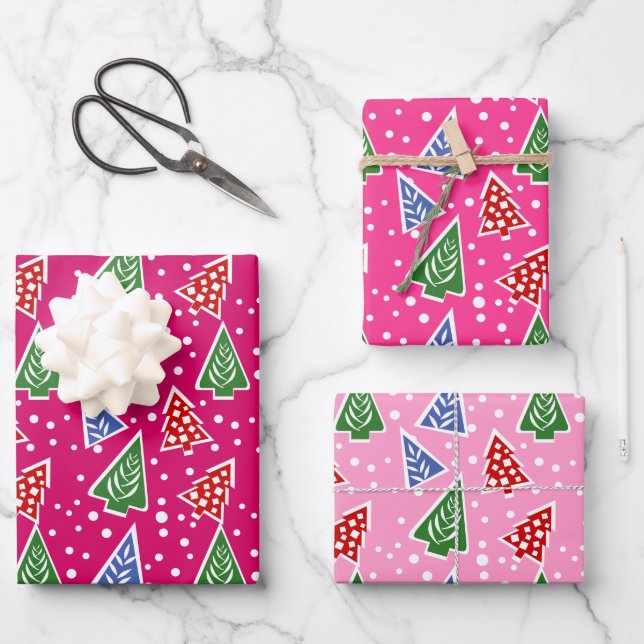 Three tone pink Christmas trees holiday Wrapping Paper Sheets (Front)