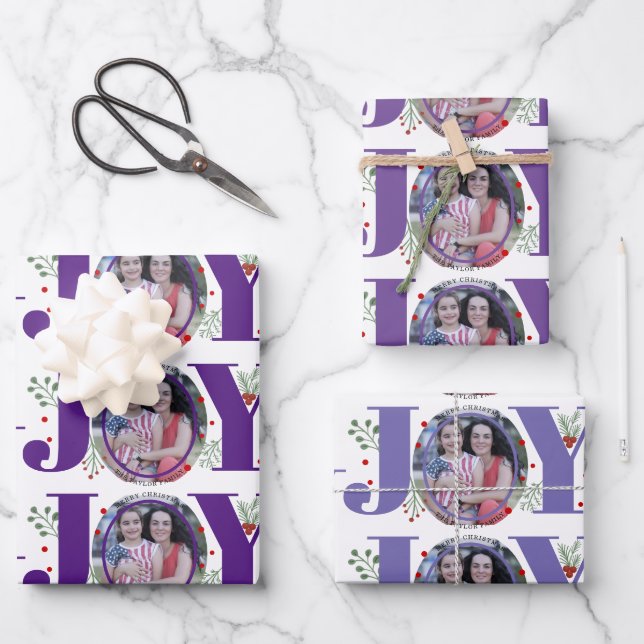 Three tone purple Joy Christmas holiday photo Wrapping Paper Sheets (Front)