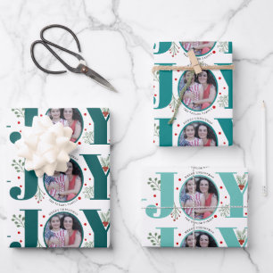 Three tone teal blue Joy Christmas holiday photo Wrapping Paper Sheets