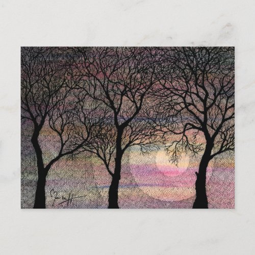 Three Trees on a Pink Watercolor Background Postcard