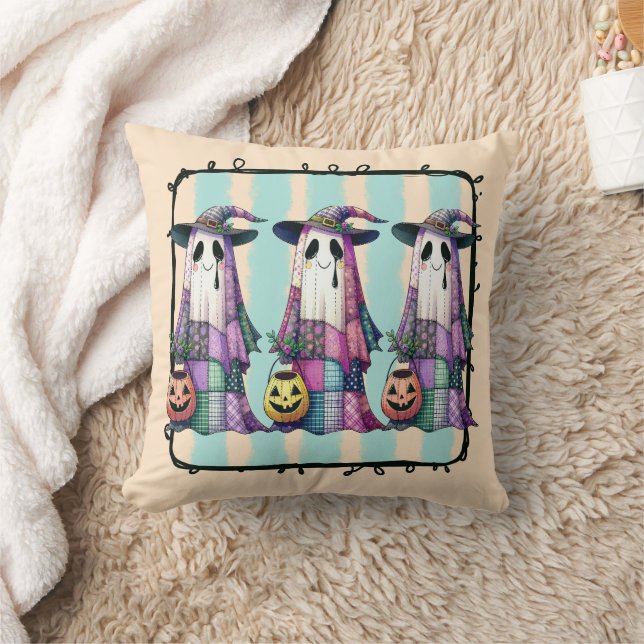 Three Trick-or-Treating Ghosts in Witches Hats Throw Pillow (Blanket)