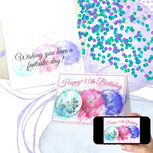 Three Tropical Cocktail Umbrellas 55th Birthday Card (Send a special greeting when you personalize the text on this card design for any occasion.)