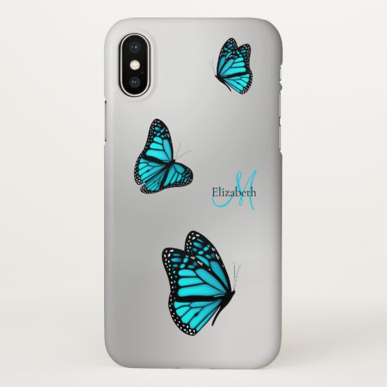 three turquoise butterflies in flight monogrammed iPhone x case