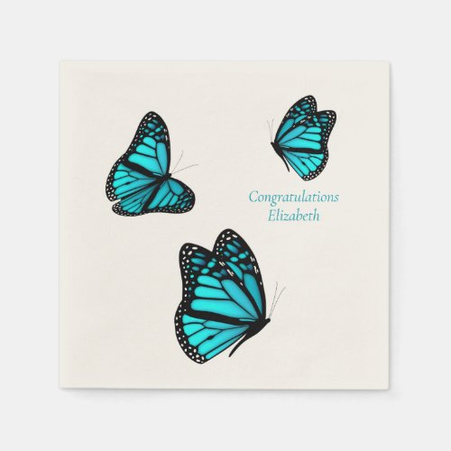 three turquoise butterflies personalized cocktail napkins