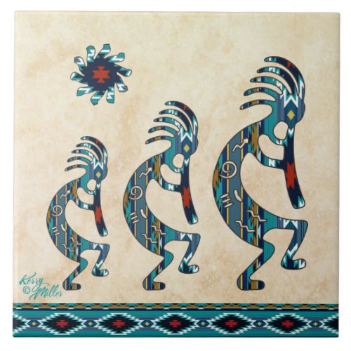 Three Turquoise Kokopelli Ceramic Tile