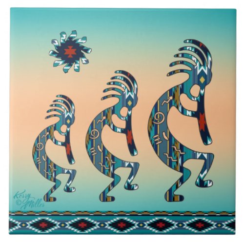 Three Turquoise Kokopelli Ceramic tile