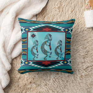Three Turquoise Kokopelli Throw Pillow