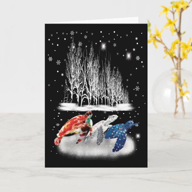 Three Turtle American T-Shirt Snowflake Christmas Card (Yellow Flower)