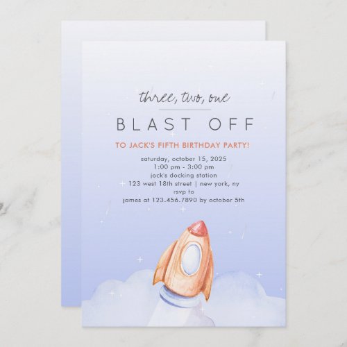 Three Two One Blast Off Space Birthday Invitation