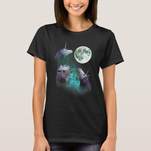 Three Unicorns Howl At Moon 3 Wolfs Wolves Funny P T_Shirt