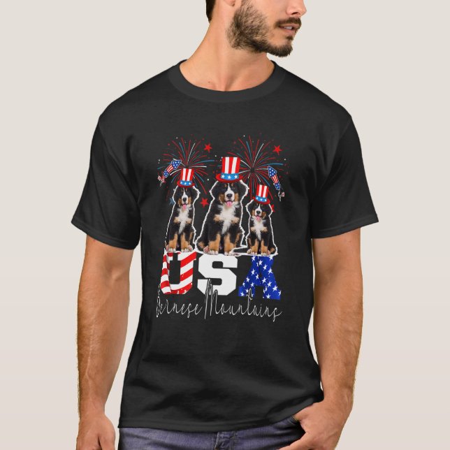 Three Usa Bernese Mountains American Flag Hat Fire T-Shirt (Front)