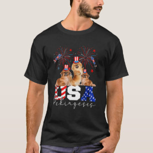 Three Usa Pekingeses Dog Wearing Hat American Flag T-Shirt
