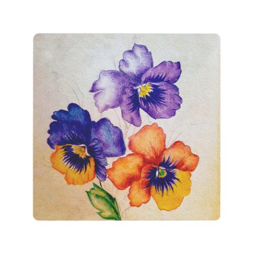 Three vintage Pansy flowers colored pencils   Metal Print