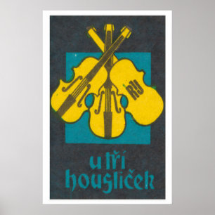 Three Violins Matchbox Art Print, Czechoslovakian Poster