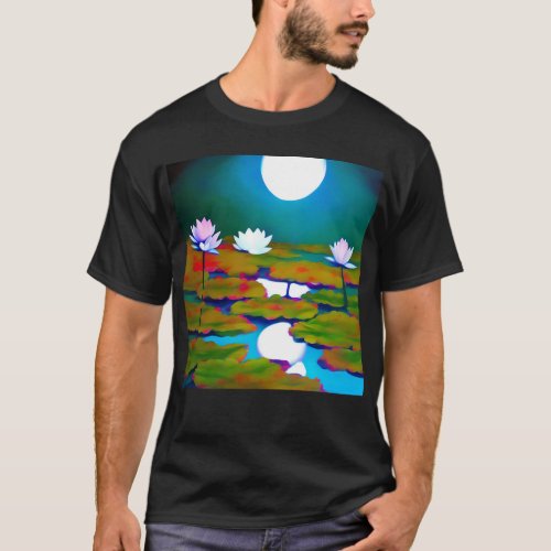 Three water lilies in a pond and a full moon T_Shirt