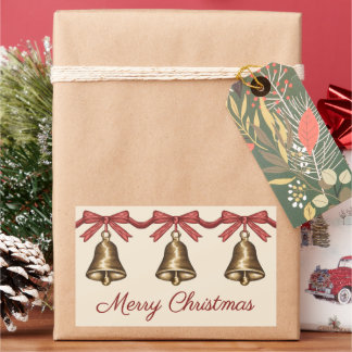 Three Watercolor Brass Christmas Bells And Text Rectangular Sticker