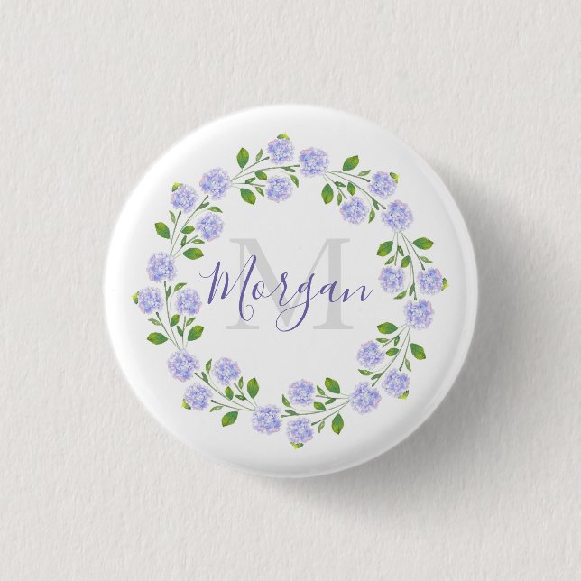 Three Watercolor Hydrangeas Floral Wreath Button (Front)