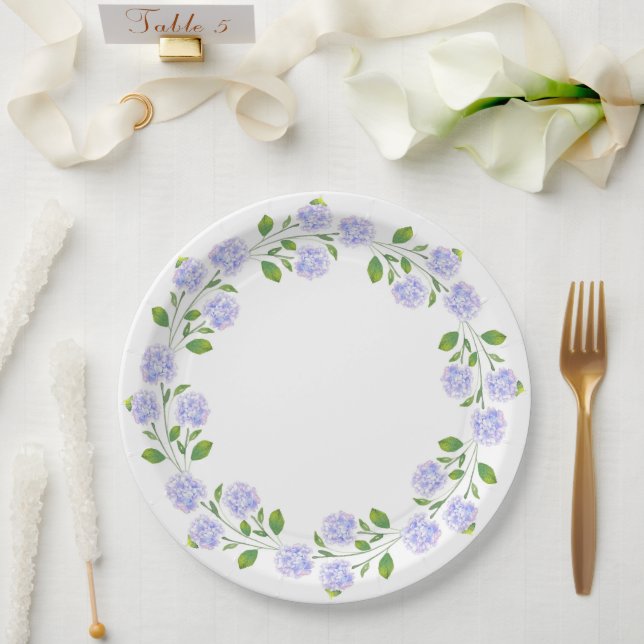 Three Watercolor Hydrangeas Floral Wreath Paper Plates (Wedding)