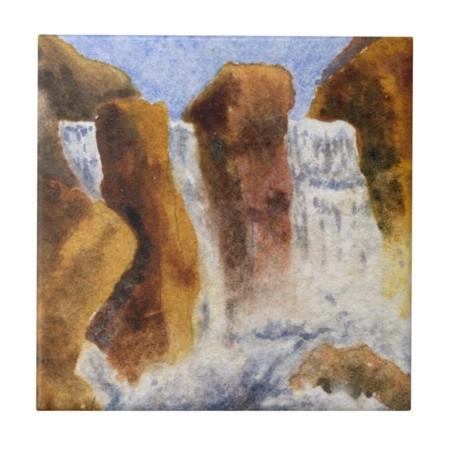 Three waterfalls drop from large rocks ceramic tile (Front)