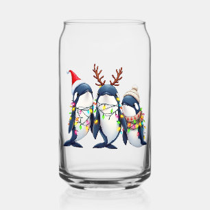 Three Whales Wearing Christmas Santa Hat Can Glass