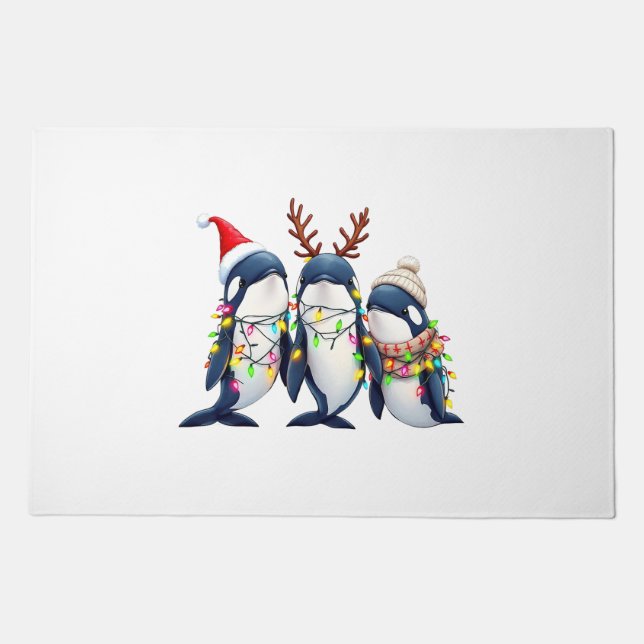 Three Whales Wearing Christmas Santa Hat  Doormat (Front)