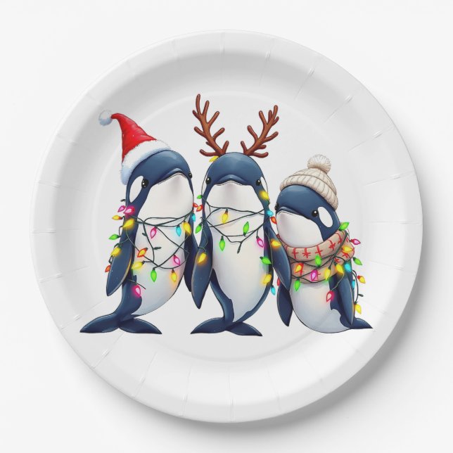 Three Whales Wearing Christmas Santa Hat  Paper Plates (Front)